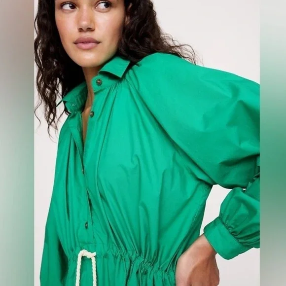 NWT Banana Republic Emerald Green Cotton Poplin Midi Shirt Dress Size XL XXL - Picture 3 of 10